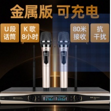 金正U-19金属无线话筒一拖二家用ktv专业U段定频麦克风家庭唱歌k歌舞台演出主持卡拉ok专用防啸叫话筒充电